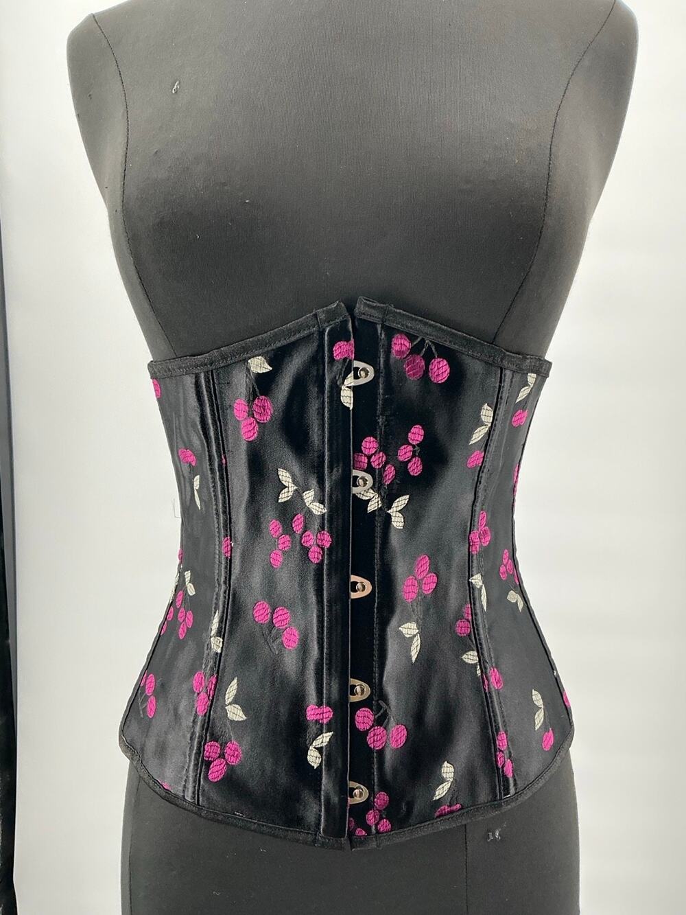 Glamtastik Black Pink Cherry Blossom Brocade Underbust Corset Large